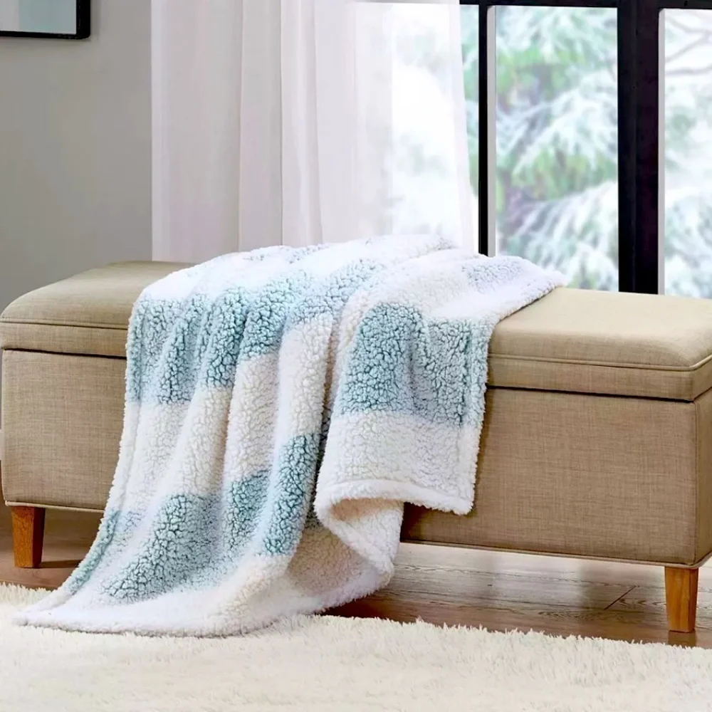 Cozy Sherpa Throw Blanket in Mint Stripe 50